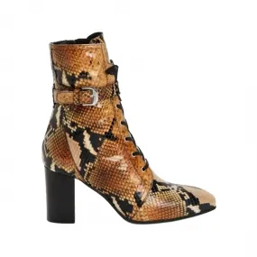 Wedge Heel Shock Absorbing Mountain Climber Women's Fawn Leather Snakeskin Lace Up Boots In Caramel