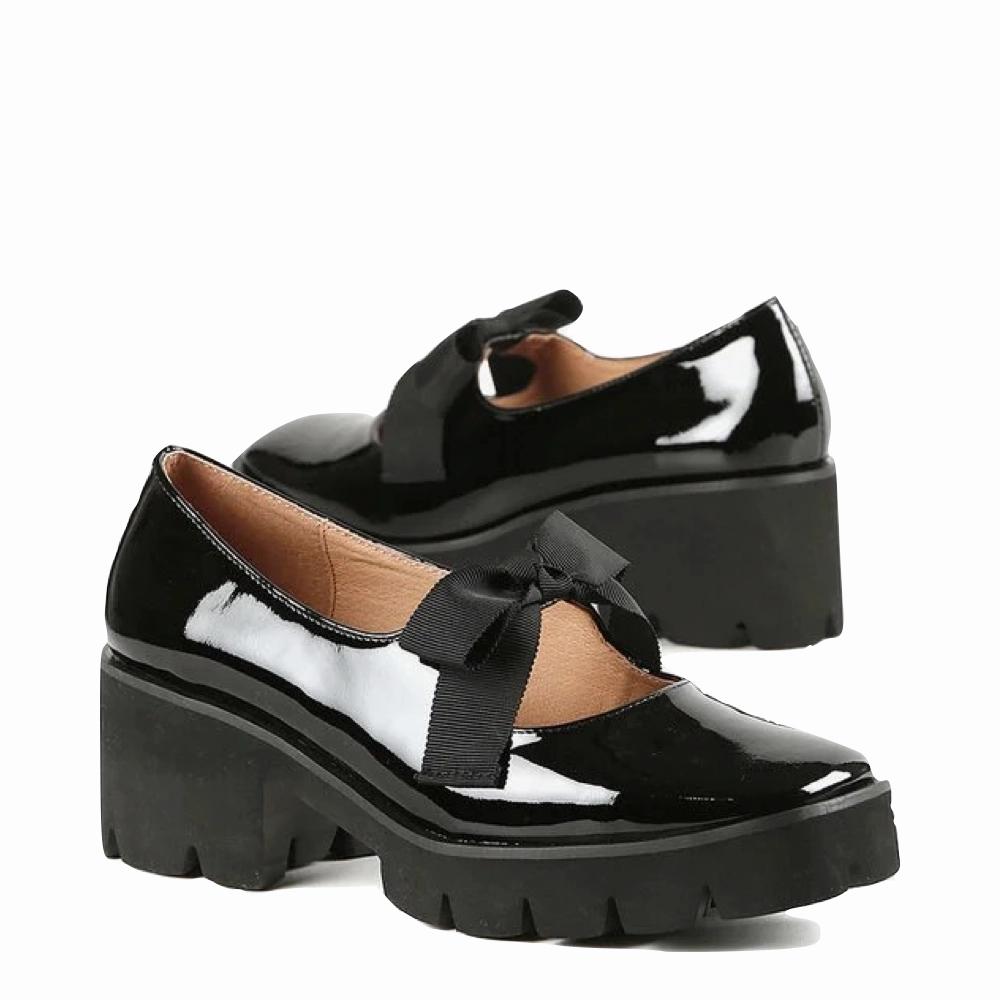 ALL BLACK Footwear Women's Tap & Lugg Bow Mary Jane in Black Patent simple design Minimal Style