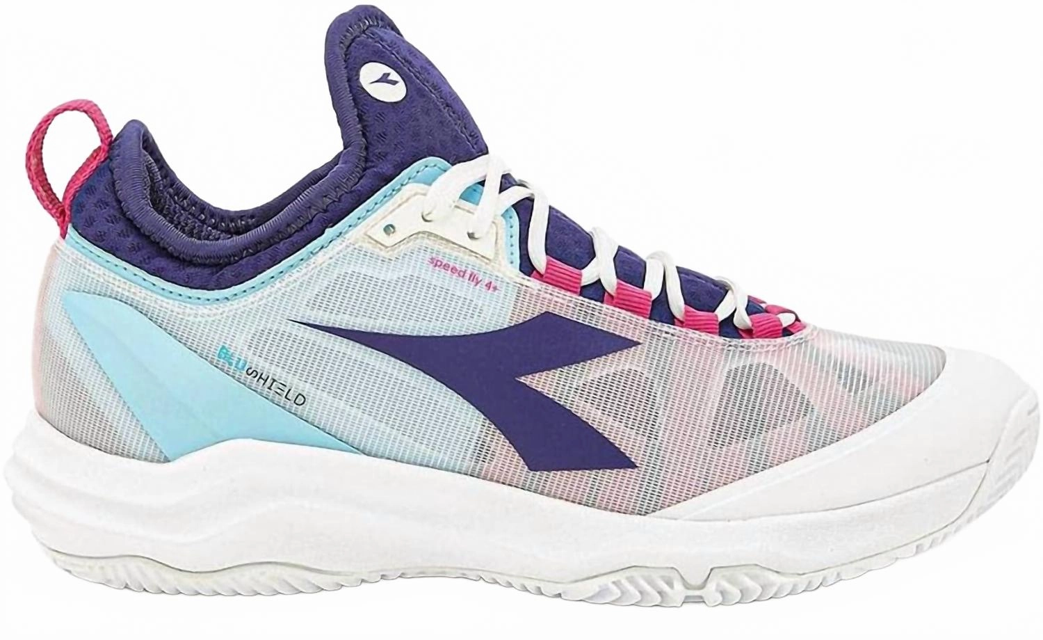 Women's Speed Blueshield 4   W Ag Tennis Shoe In White/blueprint/pink Yarr Stability Enhancements Balanced Cushioning