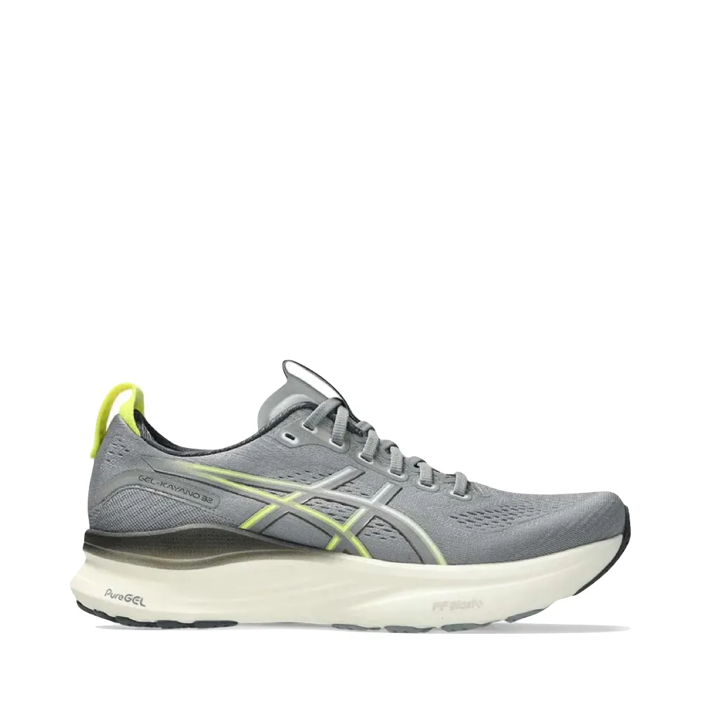 Asics Men's GEL-KAYANO 32 Sneaker in Gravel/Citron Comfort solution Gel Infused Cushioning