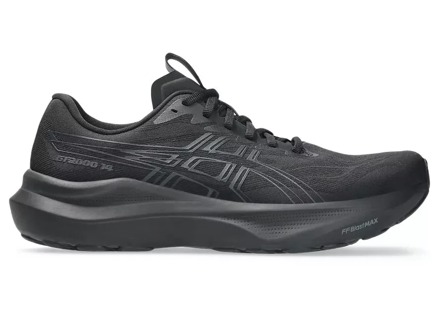 Asics Men's GT-2000 14 Sneaker in Black/Graphite Grey Vented Air Channels Stretchy Material
