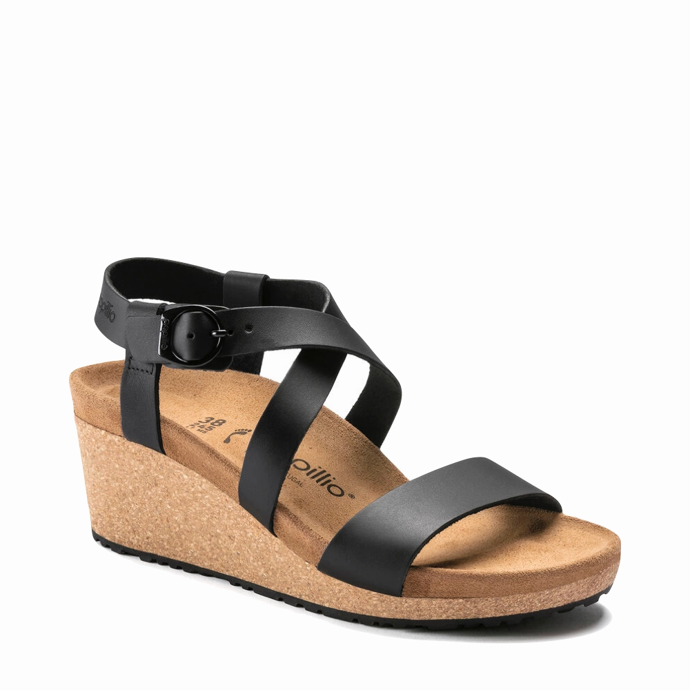 Refined Line Birkenstock Women's Sibyl Smooth Leather Wedge Sandal in Black