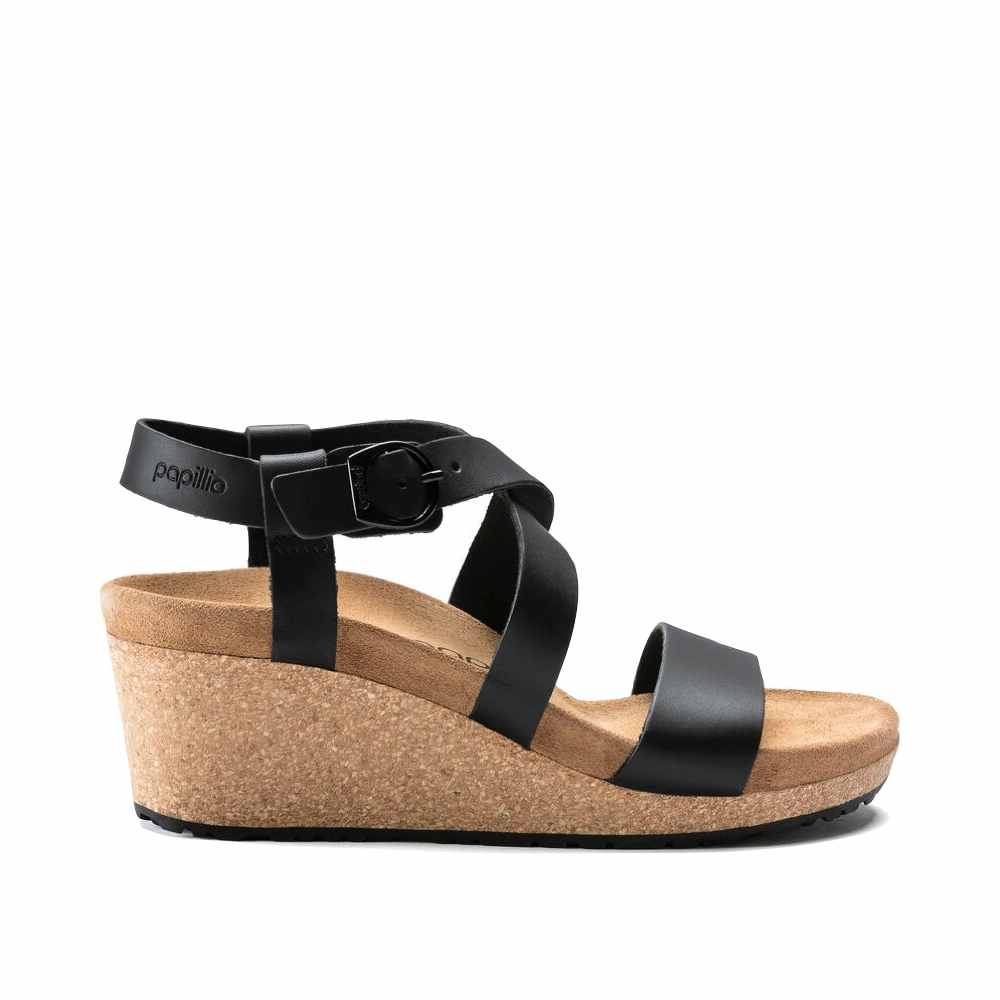 Wind Safe Foot Support Birkenstock Women's Sibyl Smooth Leather Wedge Sandal in Black