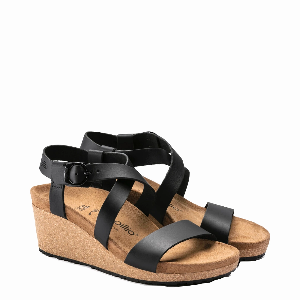 Birkenstock Women's Sibyl Smooth Leather Wedge Sandal in Black Comfort Fit Non Shade