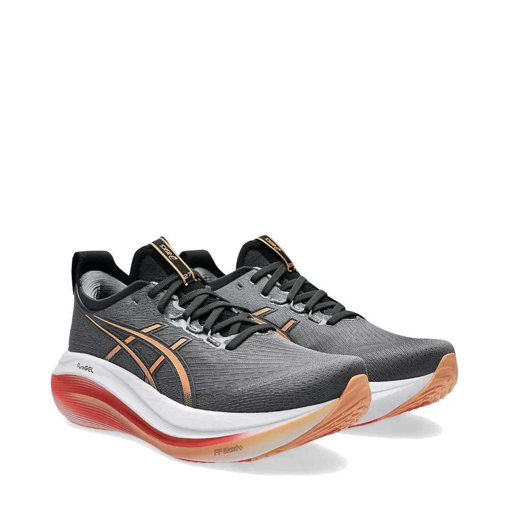 Asics Men's Gel-Nimbus 27 Sneaker in Carbon/Mojave suede upper