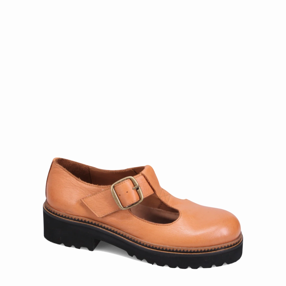Bueno Women's Abigail T-Strap Leather Mary Jane in Tan Rain Guard