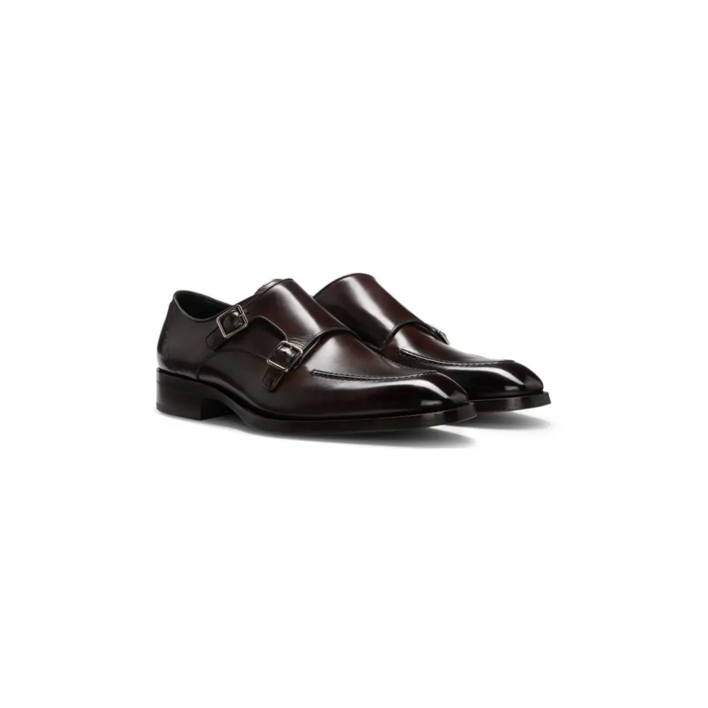 Burnished-leather shoes with double monk strap Quiet Office Non Slip Tread