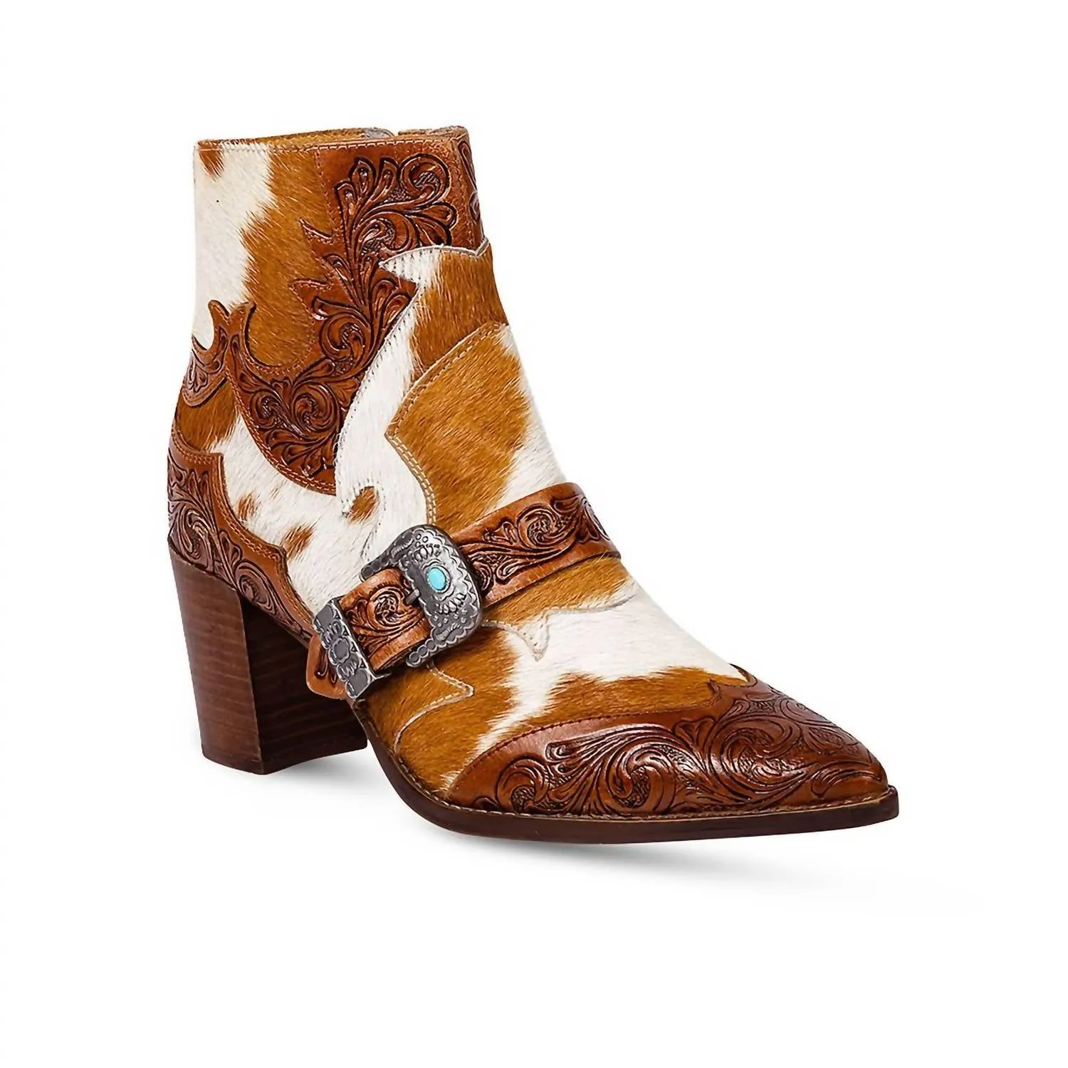 Women's Goldie Hair On Hide Tooled Boots In Brown Heavy Weather
