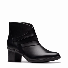 Leather Sole Clarks Women's Shaya Sky Heeled Ankle Boot in Black