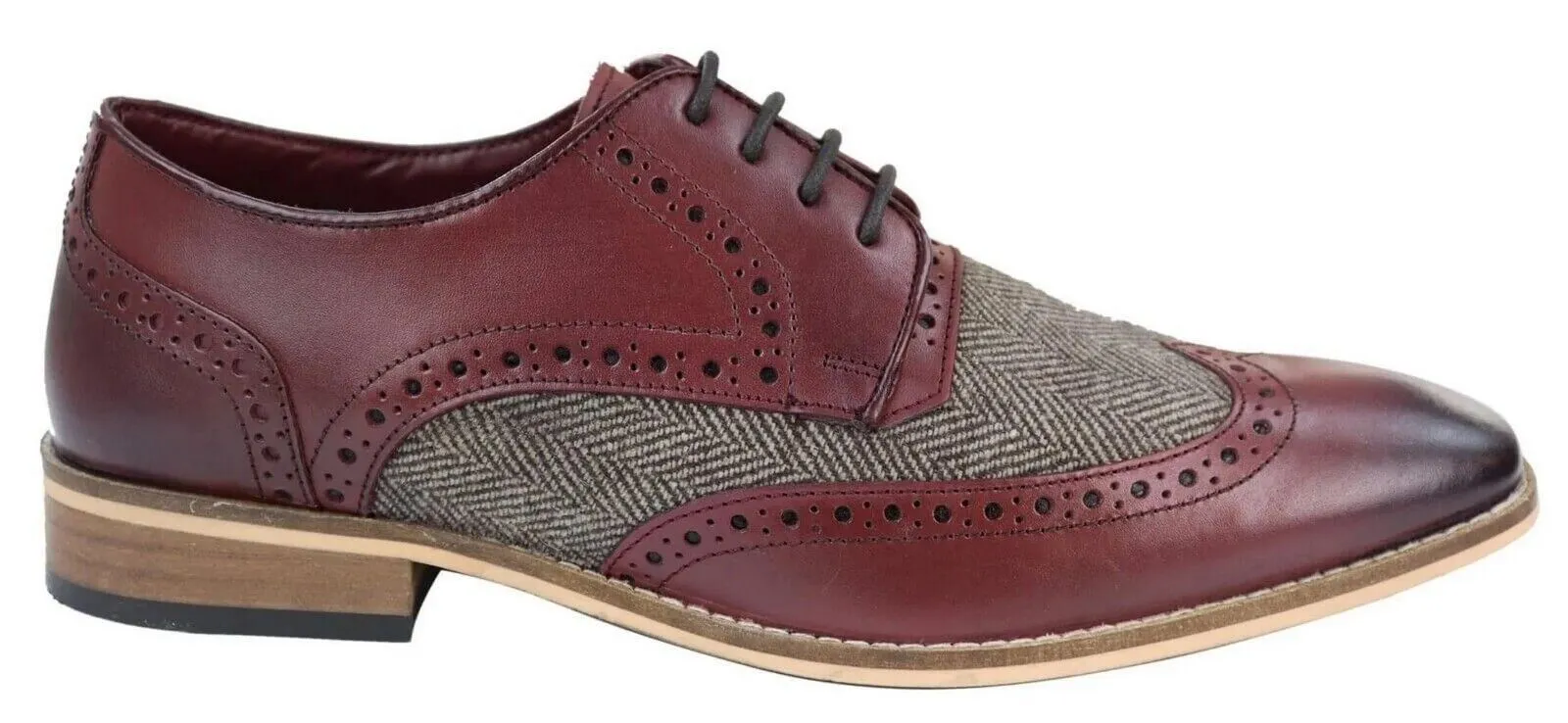 Mens Classic Oxford Tweed Brogue Derby Shoes in Burgundy Leather Step Routine