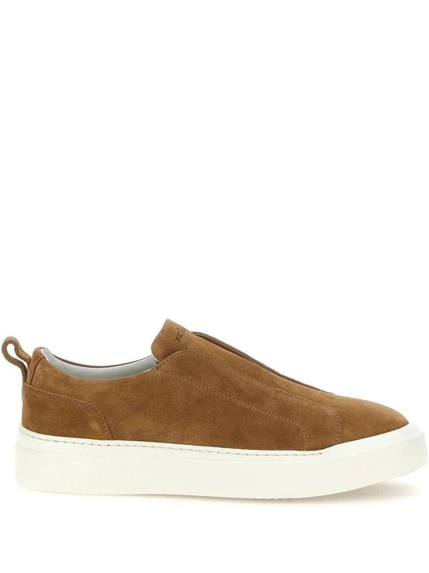 Ultra light Cognac Brown Suede Slip-On Loafers With Logo-Debossed Tongue