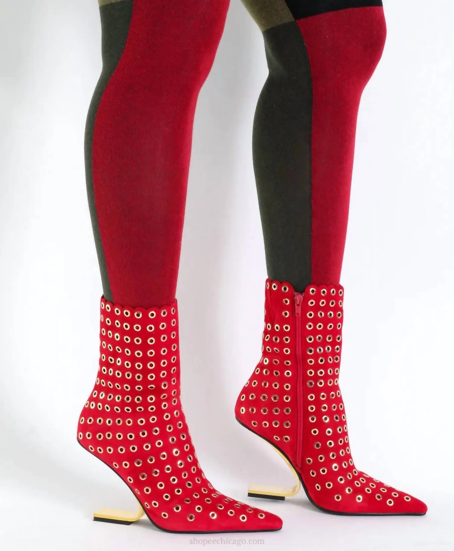 Low Profile Rainy Day Commuter Compass-E Pointed Toe Boot In Red Suede Gold