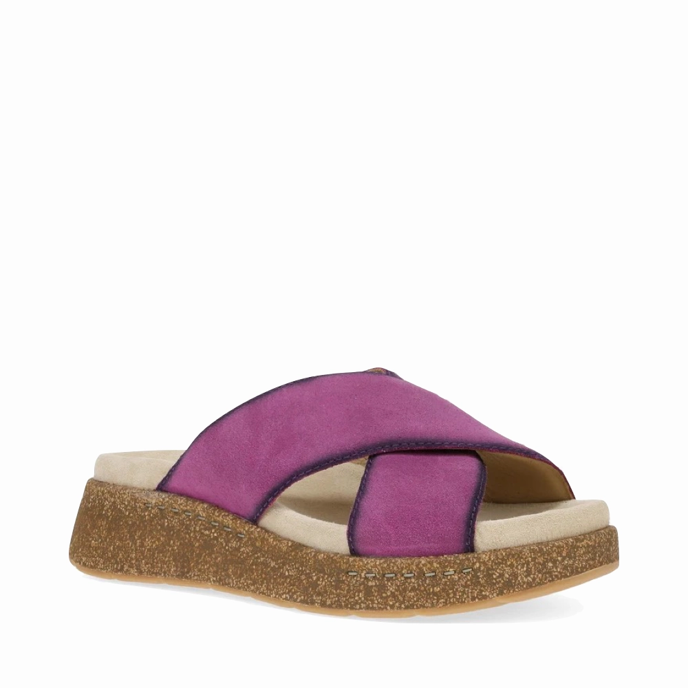 Long Form Even Pace Dansko Women's Bridget Leather Platform Slide Sandal in Plum Burnished Suede