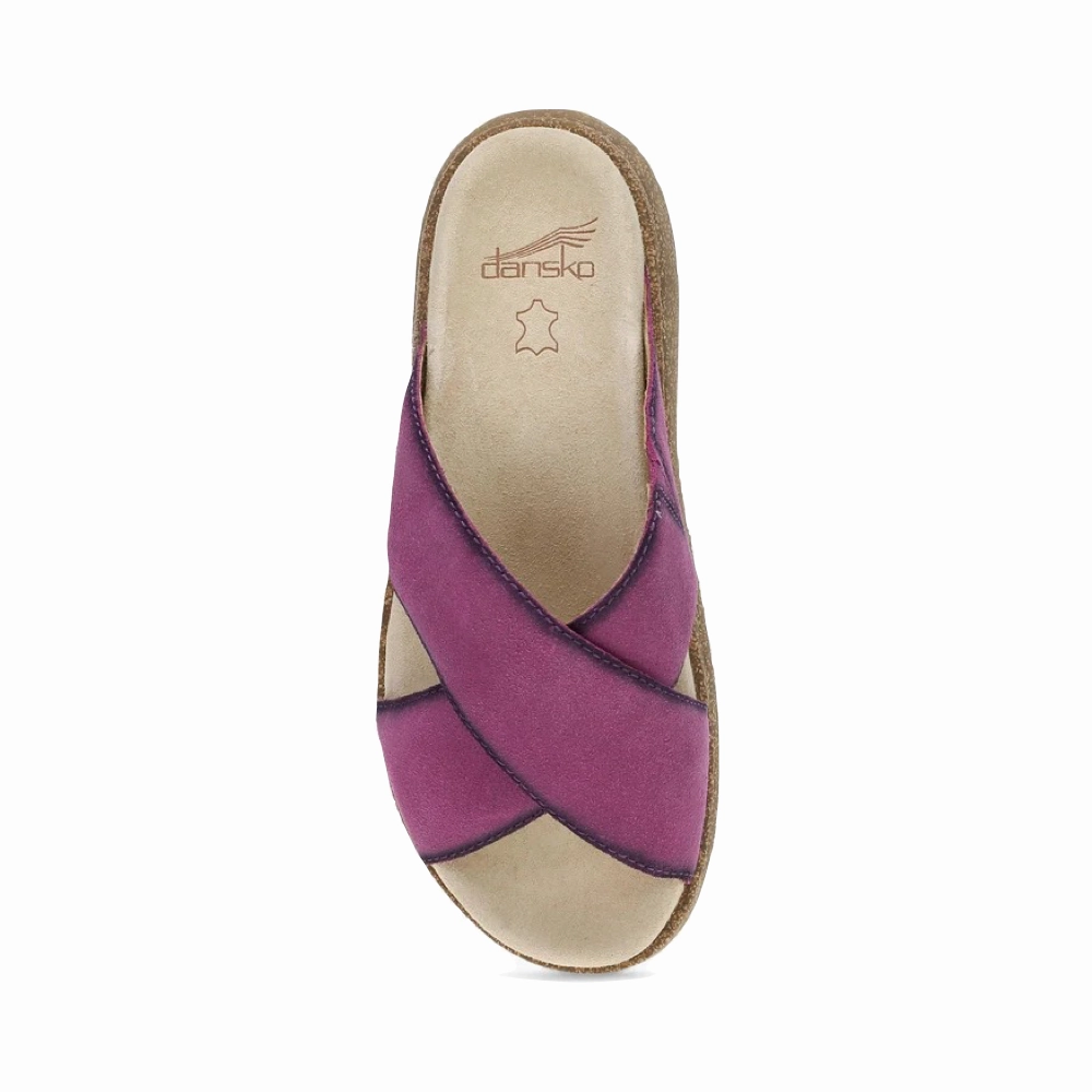Dansko Women's Bridget Leather Platform Slide Sandal in Plum Burnished Suede Split Leather Quiet Mode