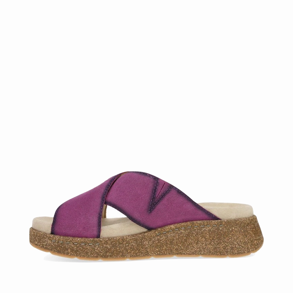 Secure fit Dansko Women's Bridget Leather Platform Slide Sandal in Plum Burnished Suede