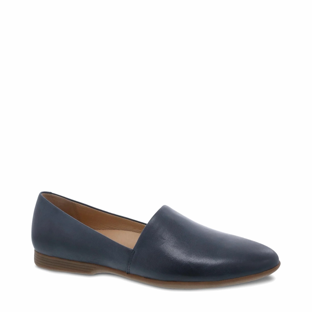 Dansko Women's Larisa Leather Flat Slip On Loafer in Navy Guest Perfect