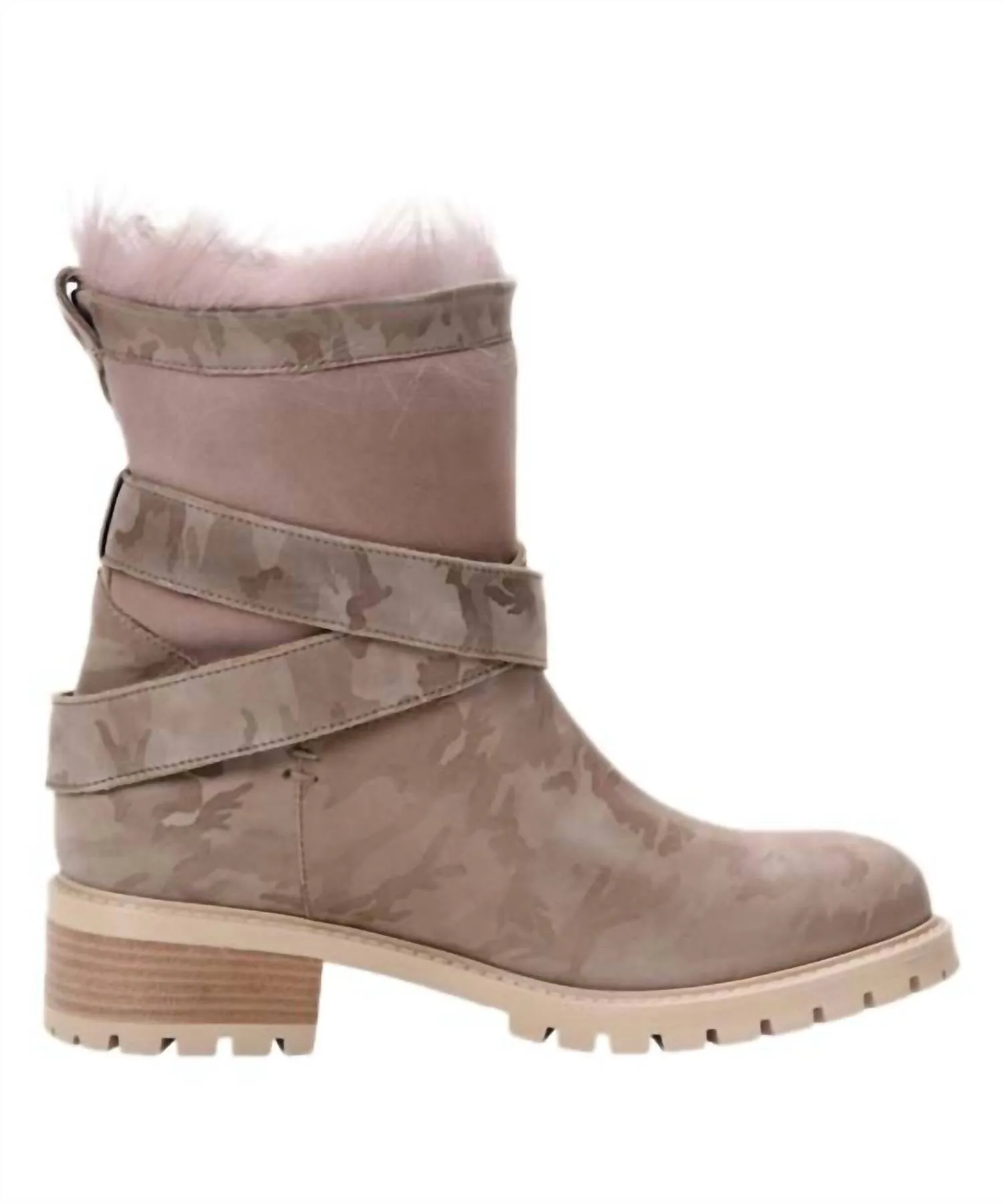 Emilina Weatherproof Shearling Moto Boot In Blush Camo Durable Shell City Walking Multi Density Midsole