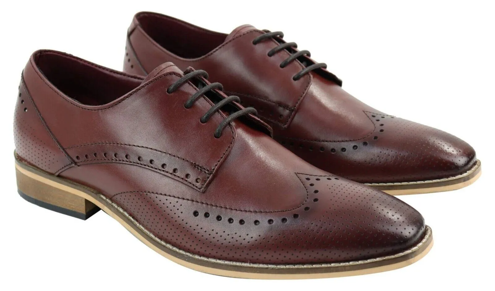 Mens Classic Oxford Brogue Shoes in Perforated Wine Leather Cross Building Work Day Style