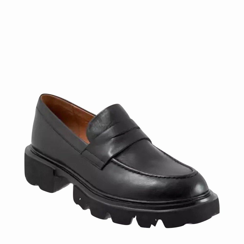 EOS Footwear Women's Ade Penny Leather Loafer in Black Main Move Pop Shade