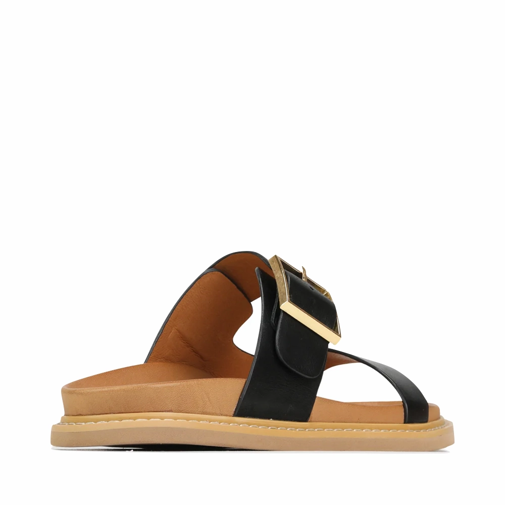 EOS Women's Dedra Leather Slide Sandal in Black Fine Edge