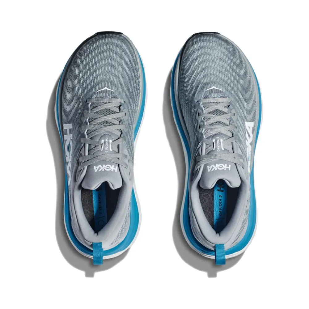 Hoka Men's Gaviota 5 Sneaker in Limestone/Diva Blue adjustable lacing system Flex Daily