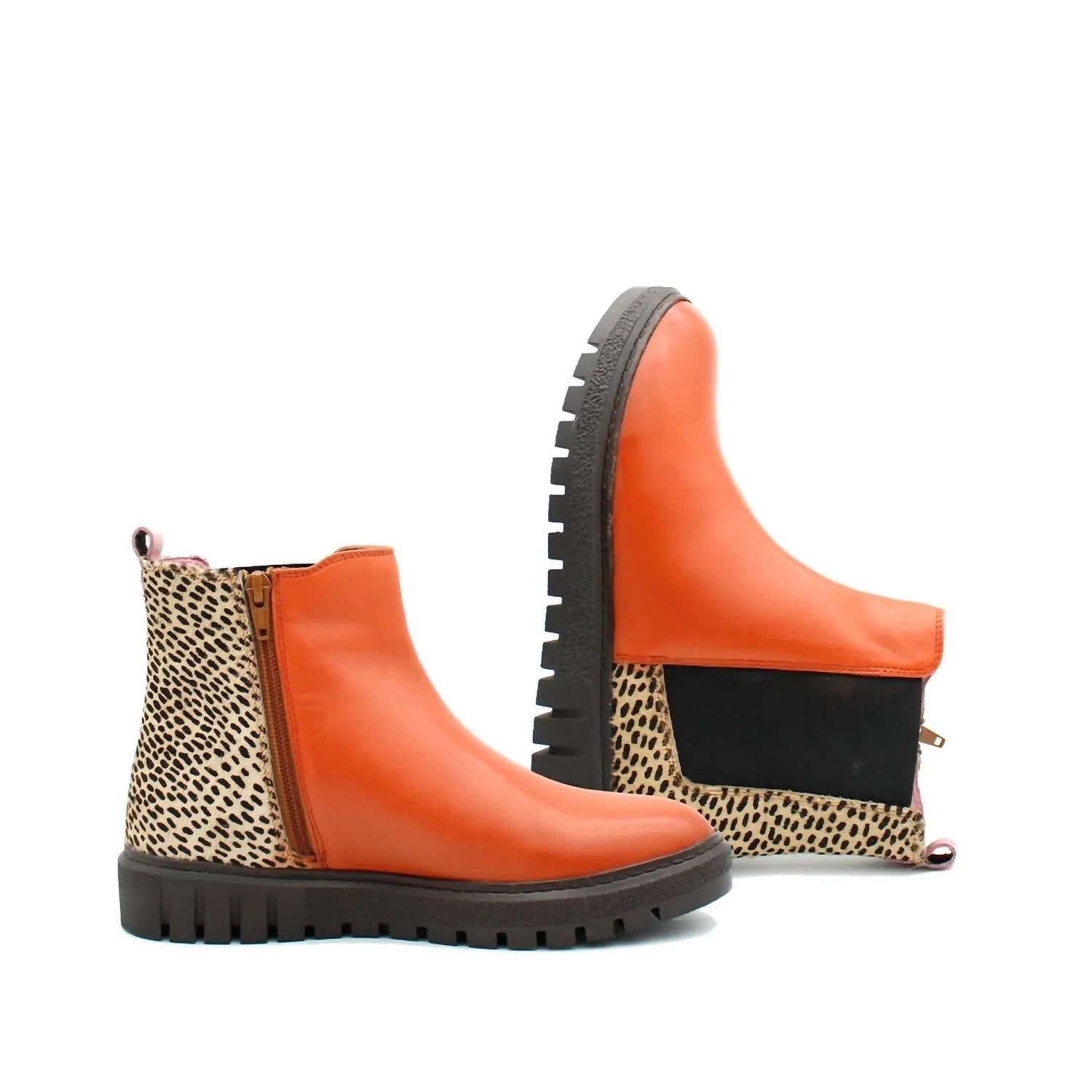 Women's Ankle Leather Boot With Animal Print In Orange/multi Long-Distance Walk