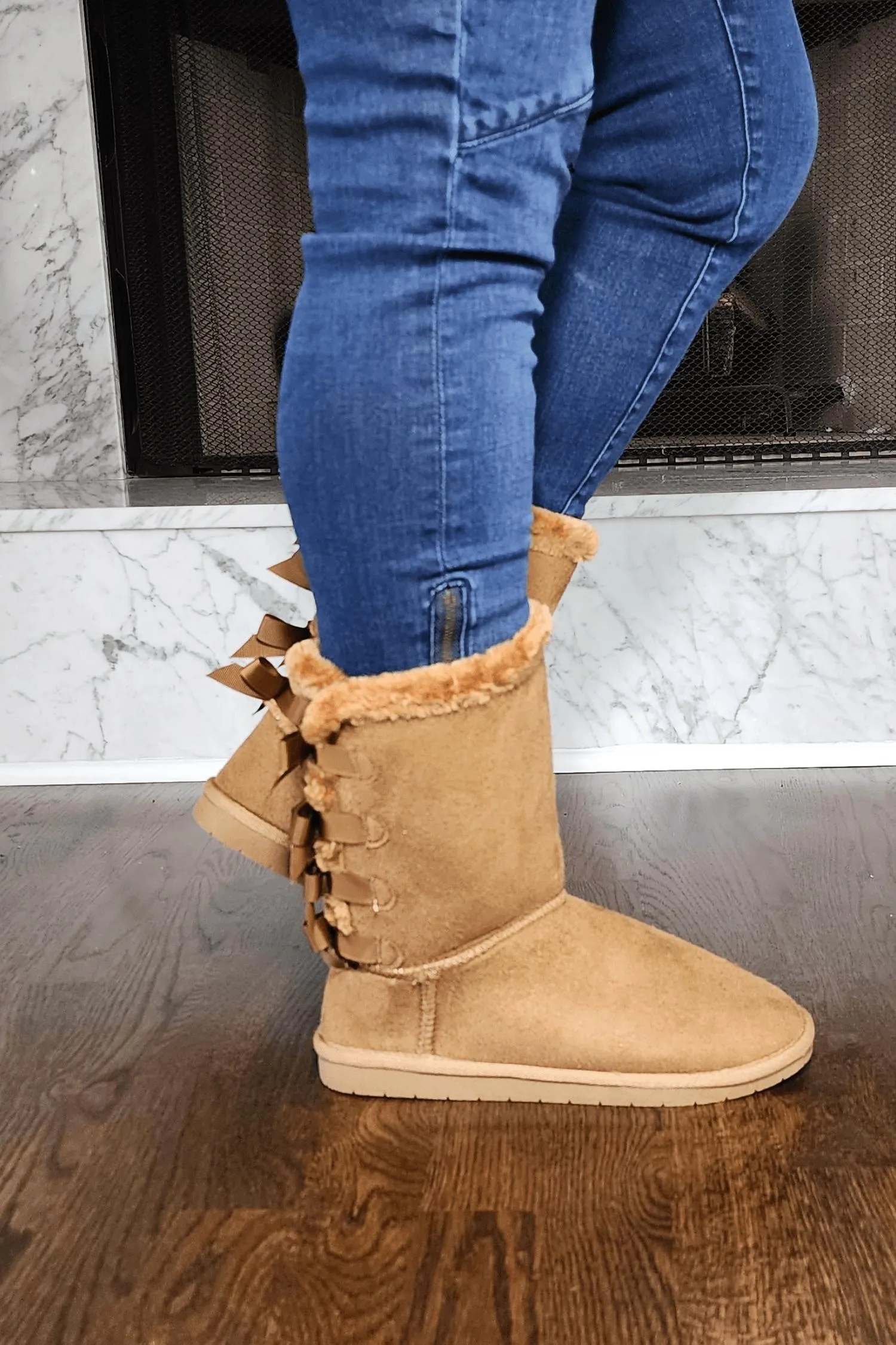 Faux Fur Boots With Bow Tie Detail In Tan Comfort Cushioning