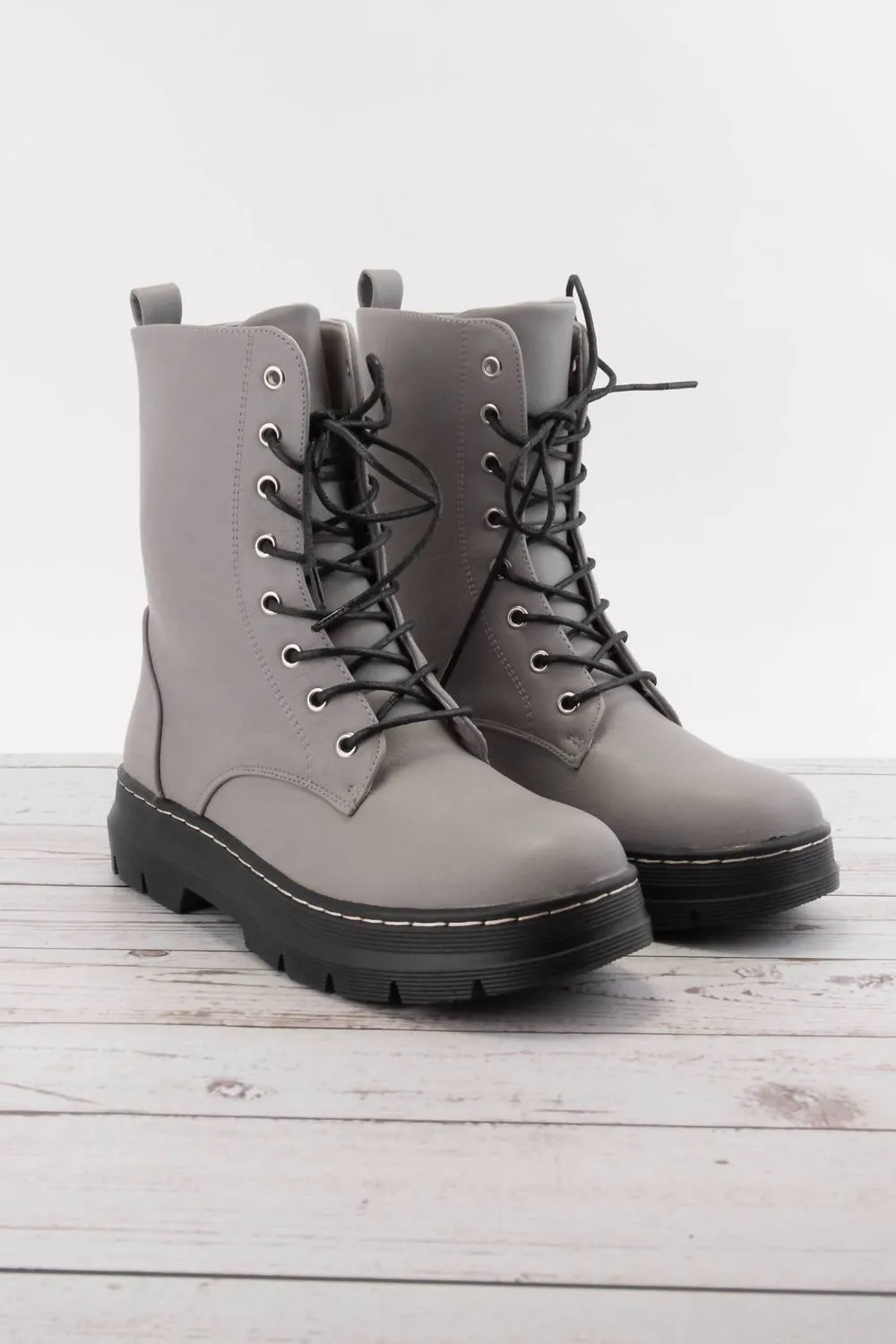 Women's Renee Lace Up Combat Boots In Grey Protective Finish Hiking Trails