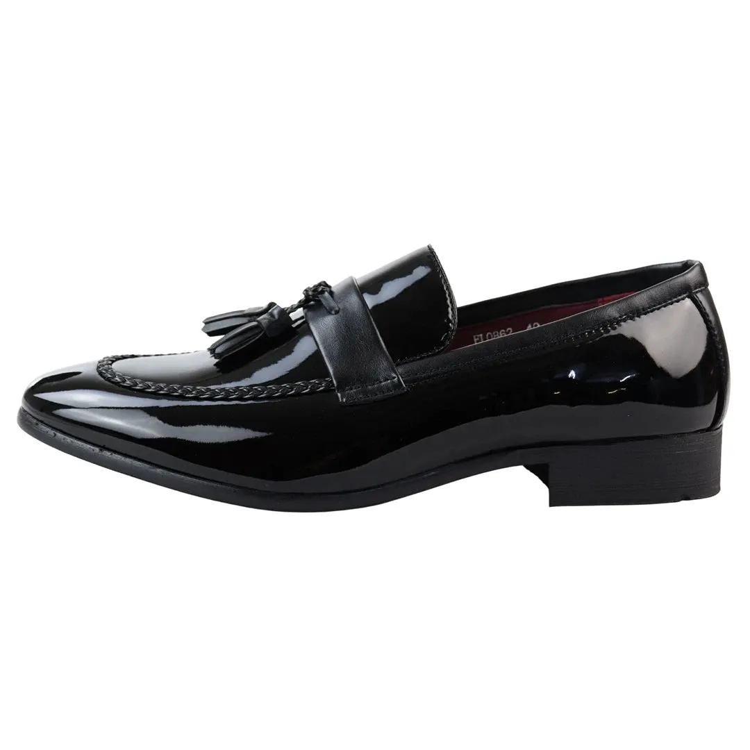 Long Form Velvet Touch Patent Tassel Slip On Loafers