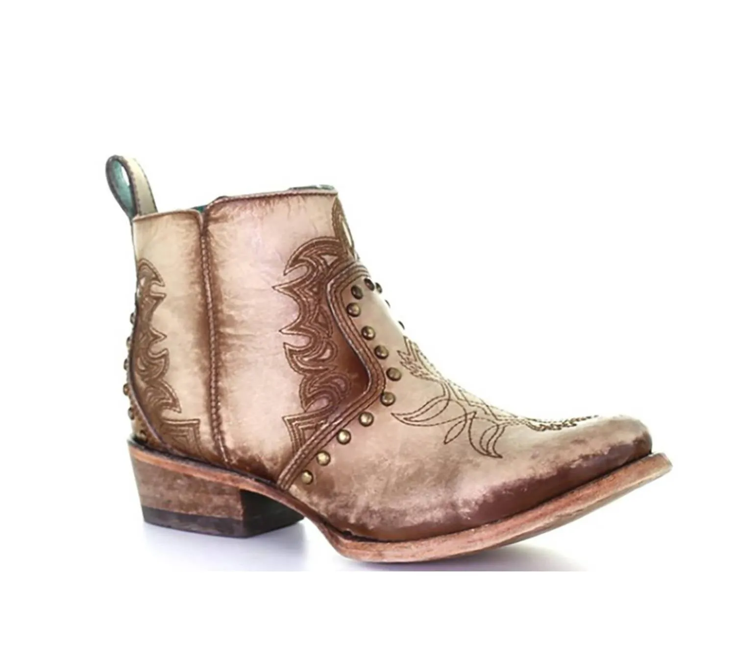 Women's Embroidered & Stud Round Toe Short Boot In Beige Wine Rich