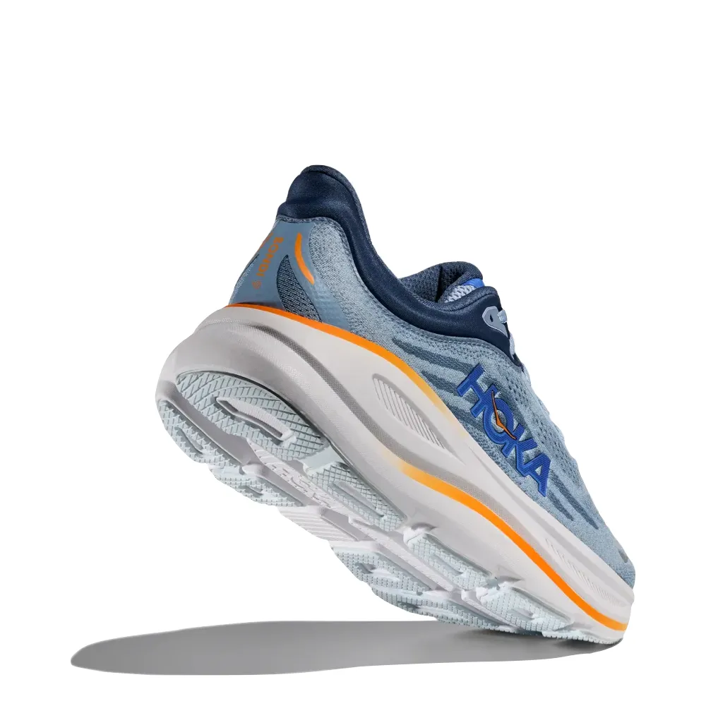 Hoka Men's Bondi 9 Sneaker in Drizzle/Downpour Cool Fit Enhanced comfort