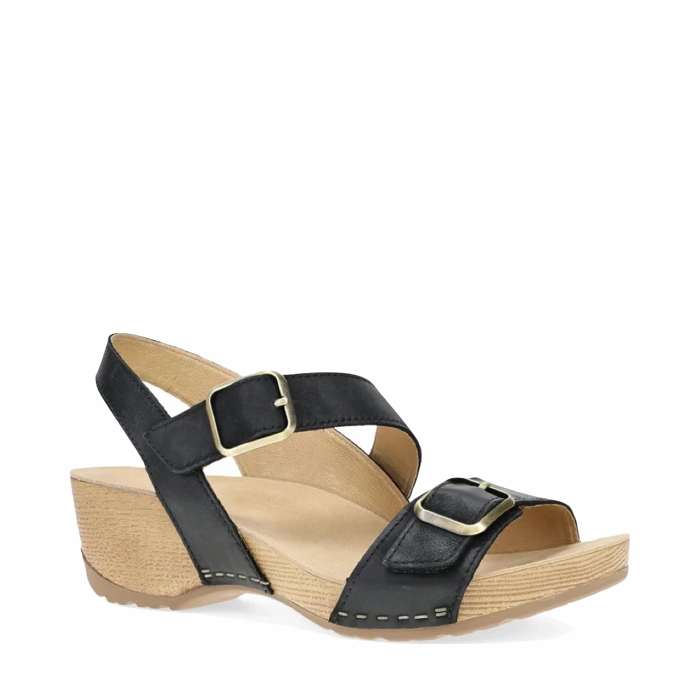 Dansko Women's Trinity Heeled Sandal in Black Burnished Nubuck Lift Boost