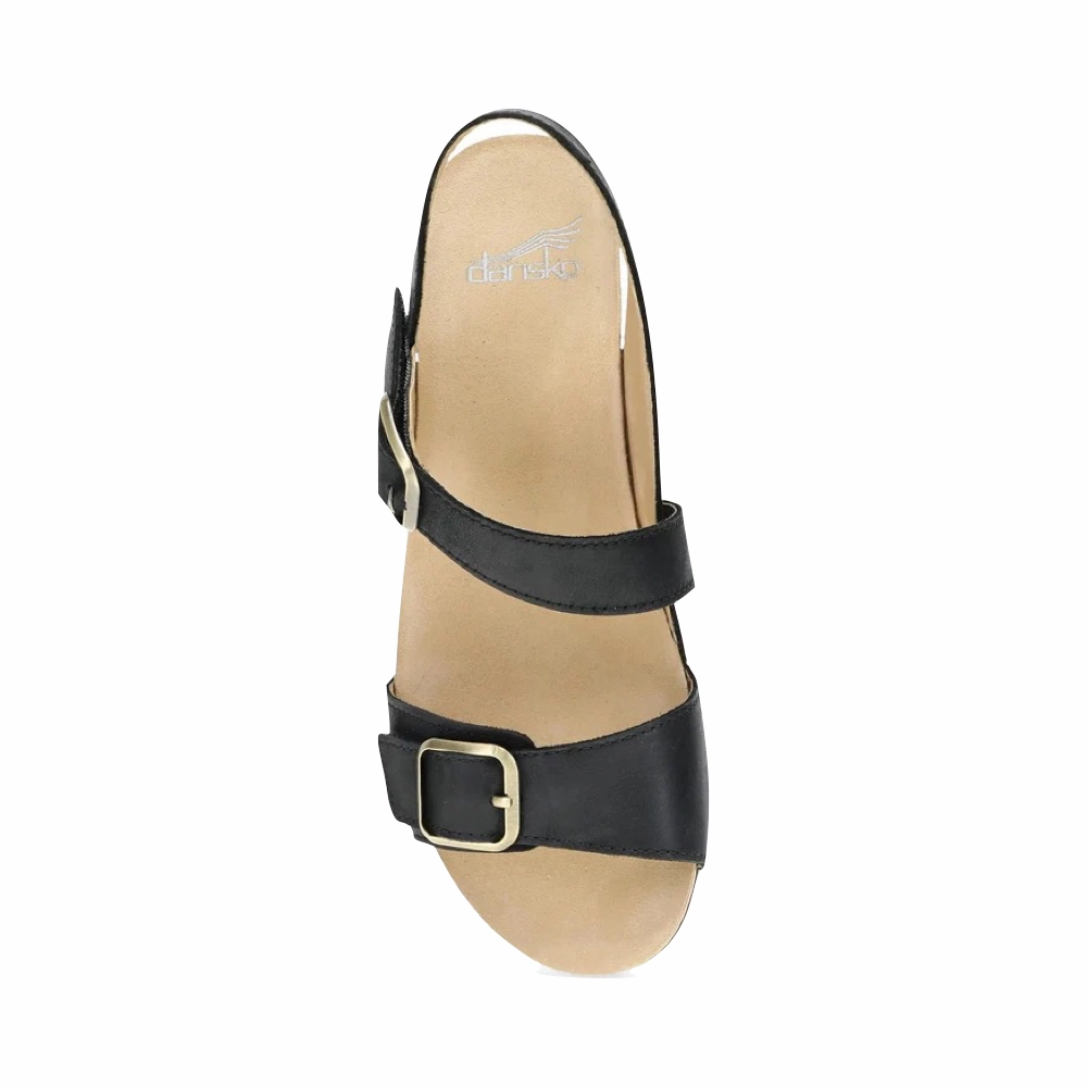 Dansko Women's Trinity Heeled Sandal in Black Burnished Nubuck Style Shade Height Boost