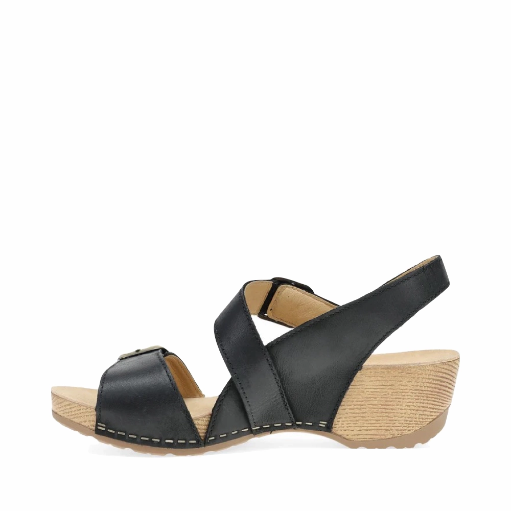 Workplace Balance Bride Shade Dansko Women's Trinity Heeled Sandal in Black Burnished Nubuck