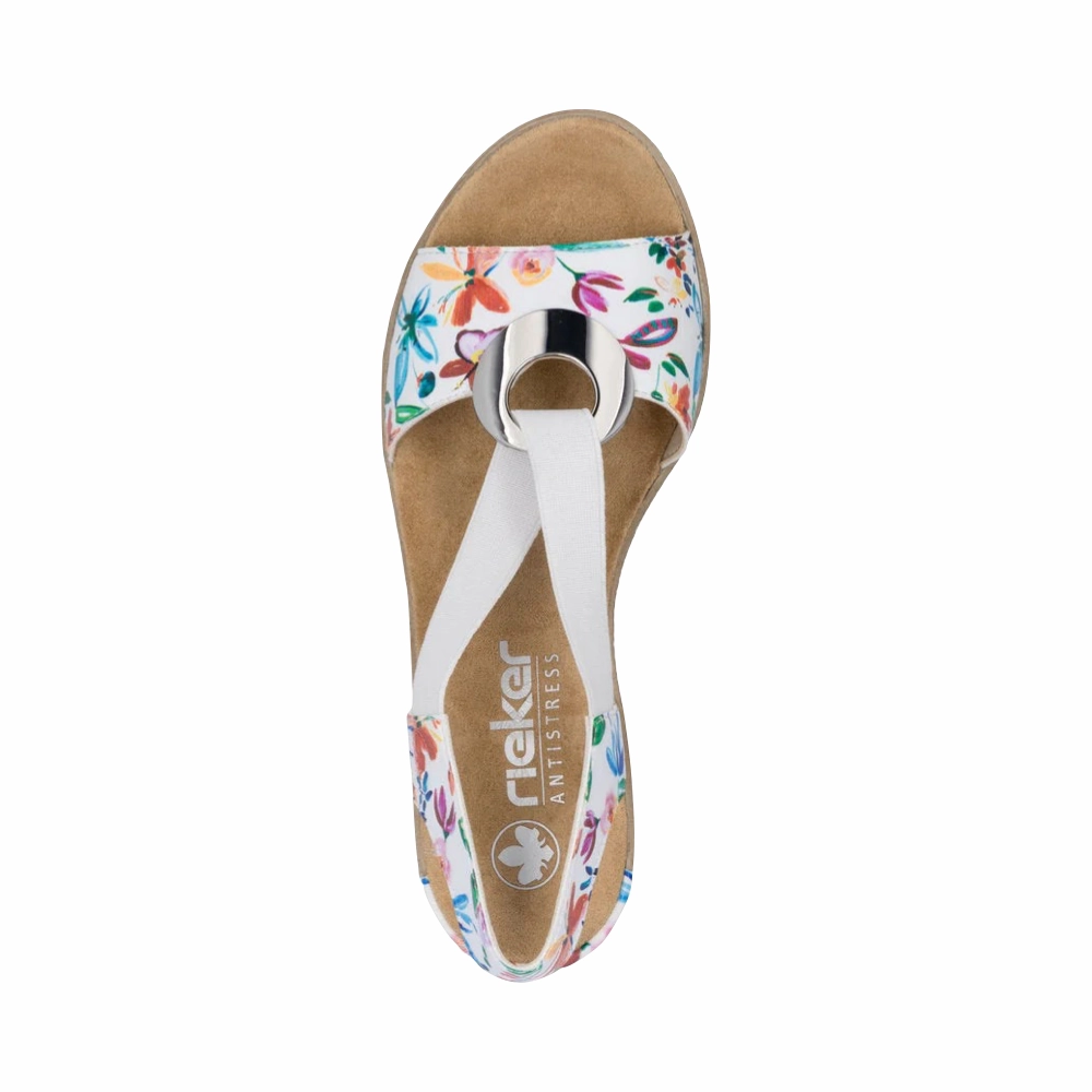 Rieker Women's Fanni H6 Wedge Sandal in White Multi Meadow Evening Mode Cushioned Midsole