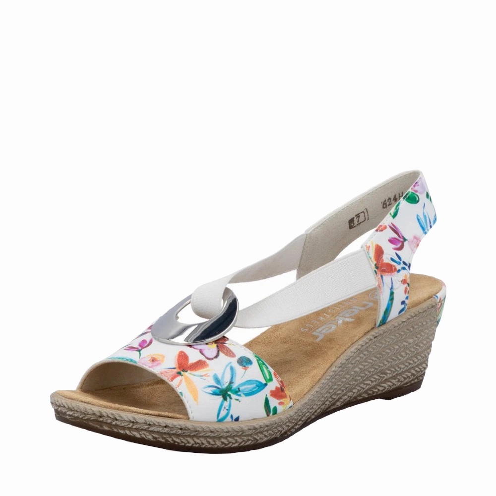 Rieker Women's Fanni H6 Wedge Sandal in White Multi Meadow Grab Fit