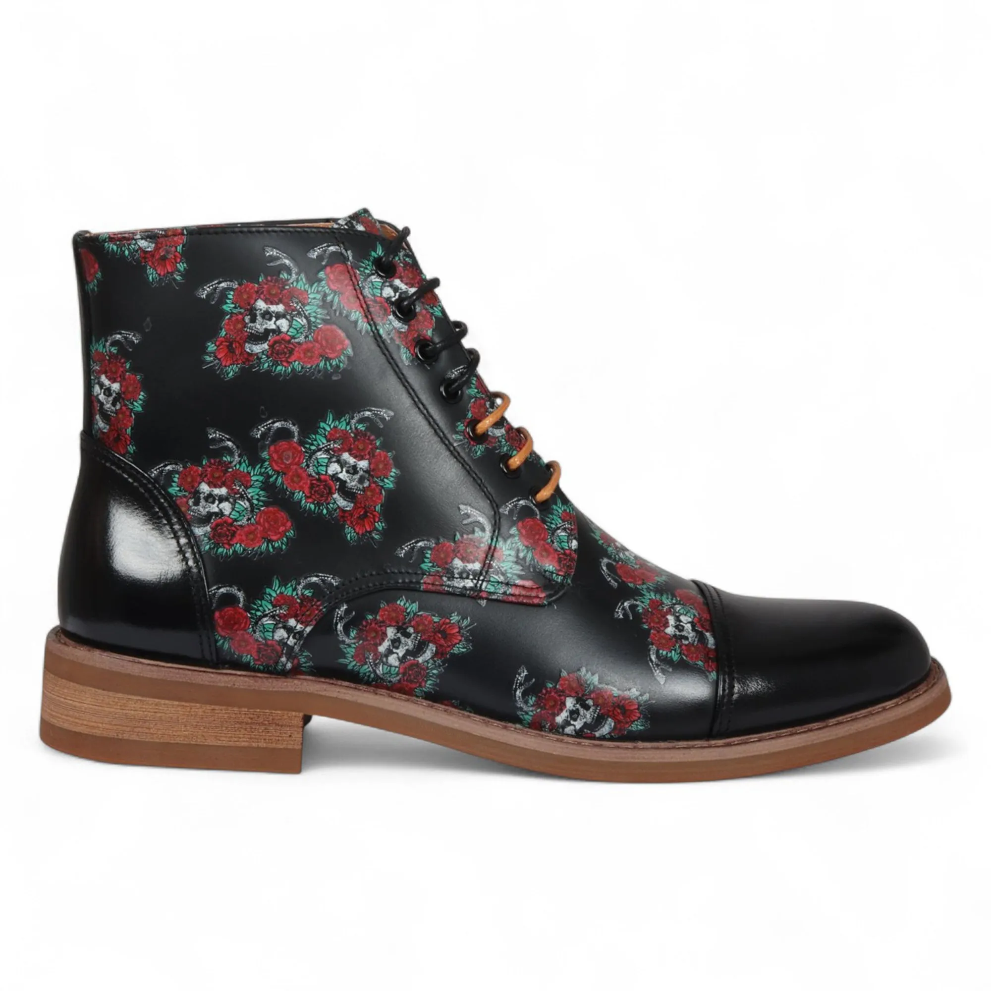 Justin Reess Heren Zwarte Oxford Enkellaarsjes van Leer met Bloemenprint - Adam Skull Balanced Fit Stitch Detail