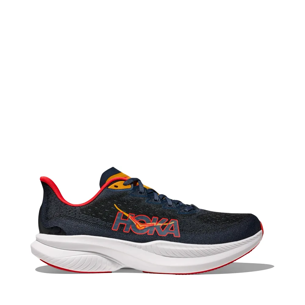 Adventure Ready Eco Build Hoka Men's Mach 6 Sneaker in Varsity Navy/Nautical Dusk