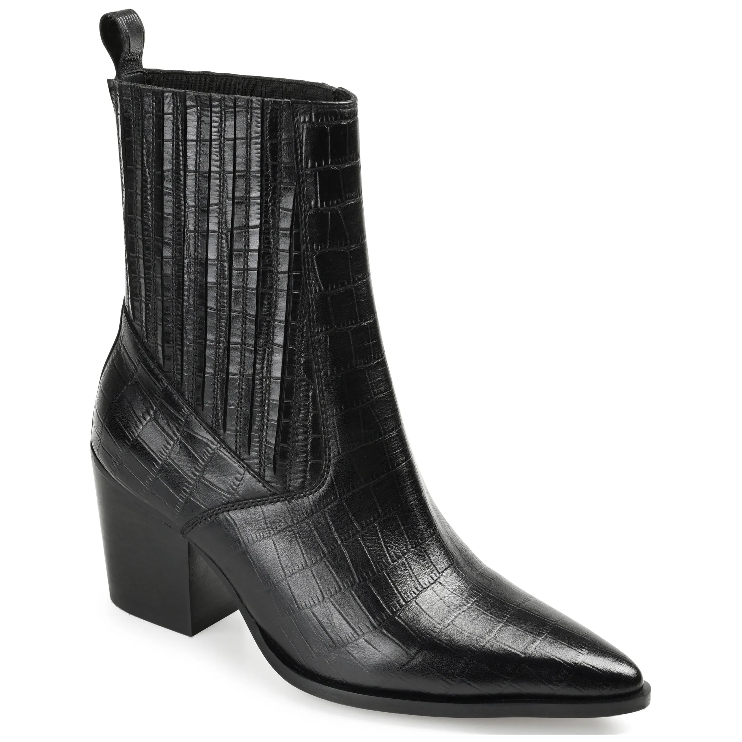 Journee Signature Womens Genuine Leather Markka Pointed Toe Stacked Chelsea Booties Feather Light Rough Terrain Comfort Grip