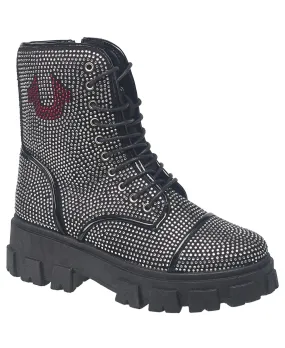 True Religion Women's Gee Rhinestone Combat Boot Rugged Built Cold Climate