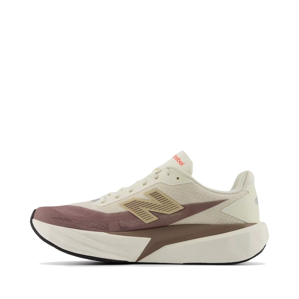 New Balance Men's FuelCell Rebel v5 Sneaker in Angora with Earth Shadow and Sea Salt Abrasion Pads Durable Design