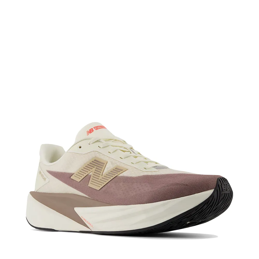 Tear Resistant Flex Fit New Balance Men's FuelCell Rebel v5 Sneaker in Angora with Earth Shadow and Sea Salt