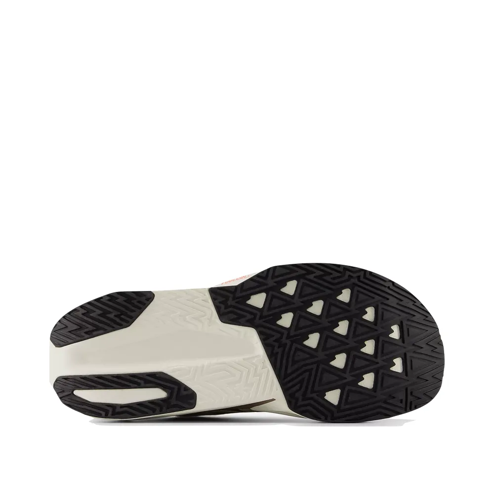 New Balance Men's FuelCell Rebel v5 Sneaker in Angora with Earth Shadow and Sea Salt Asymmetric Lacing