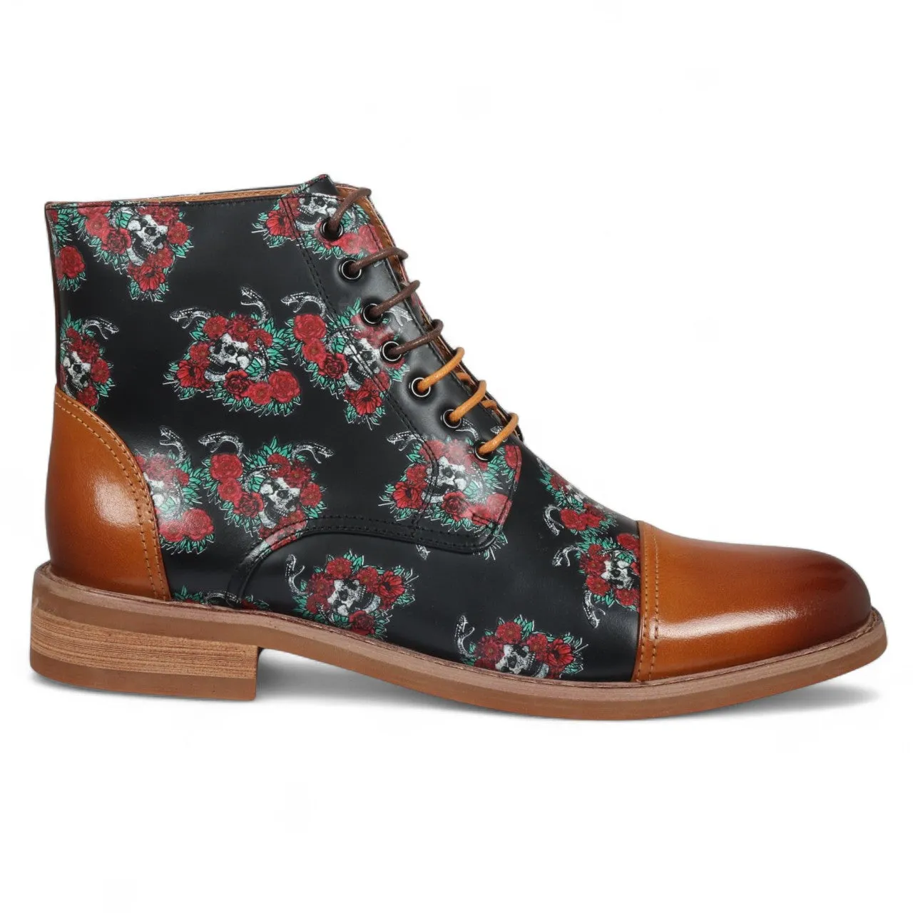 Formal Sharp Justin Reess Heren Bruine Oxford Enkellaarsjes van Leer met Bloemenprint - Adam Skull