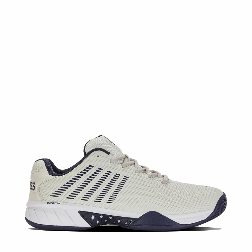 Lightweight Framework Slip Resistant Traction K-Swiss Men's Hypercourt Express 2 Sneaker in Vaporous Gray/White/Peacoat
