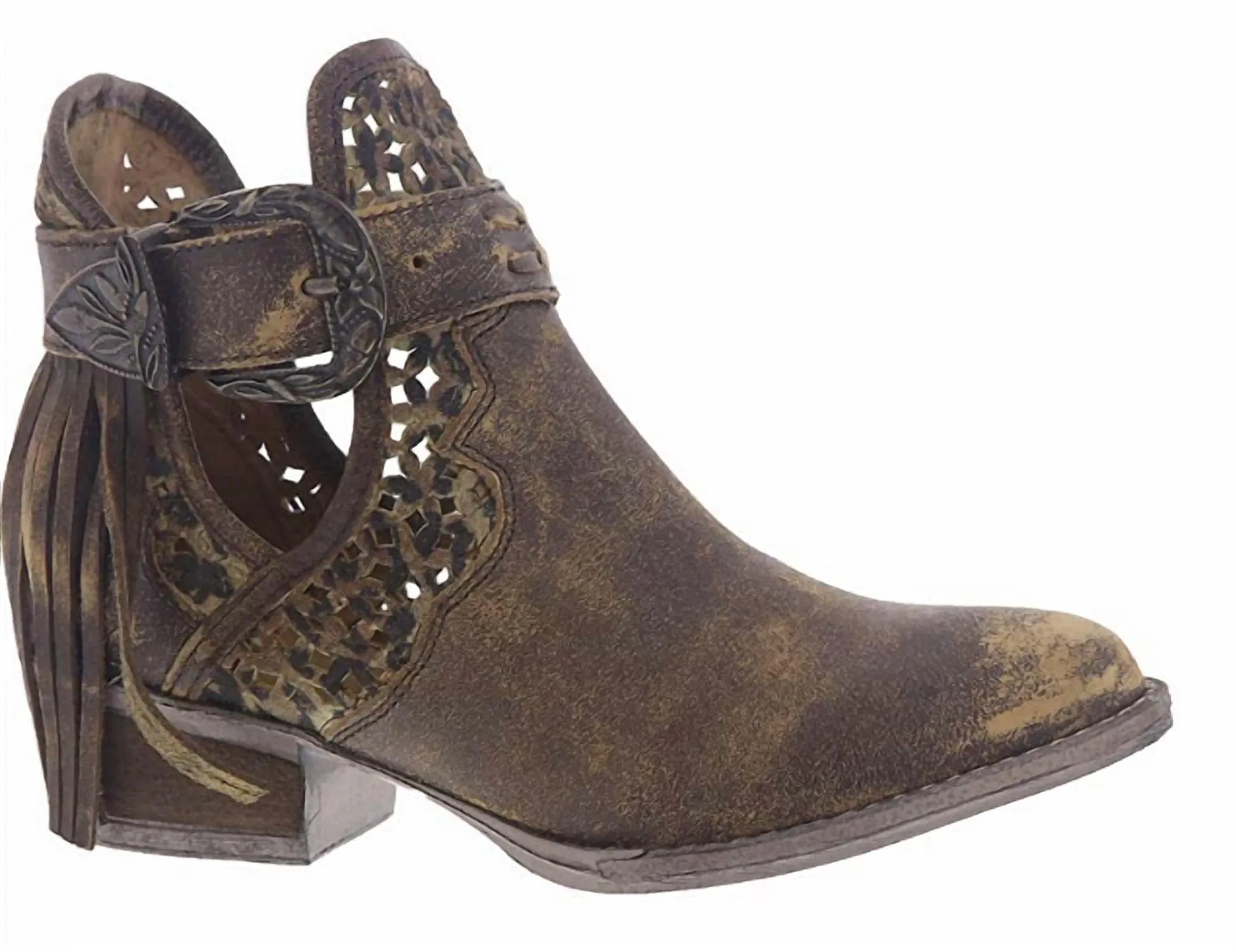 Biker Built Tough Ld Brown Fringes & Harnes Bootie Round Toe