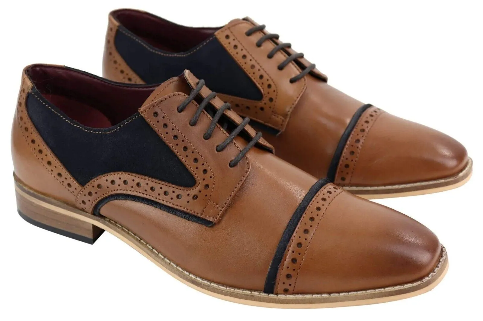Mid Rise Full Day Fit Mens Classic Navy Suede Oxford Brogue Derby Shoes in Tan Leather