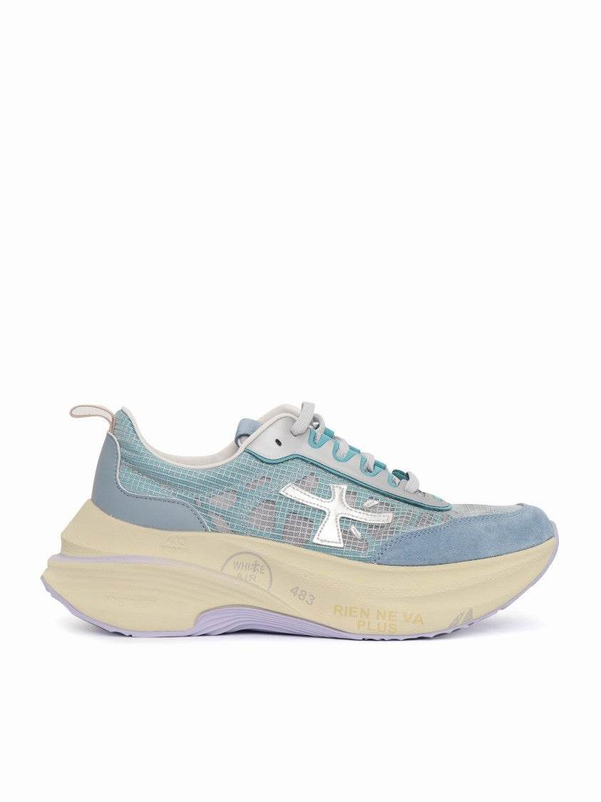 Light Blue Mesh And Leather Sneakers Metallic