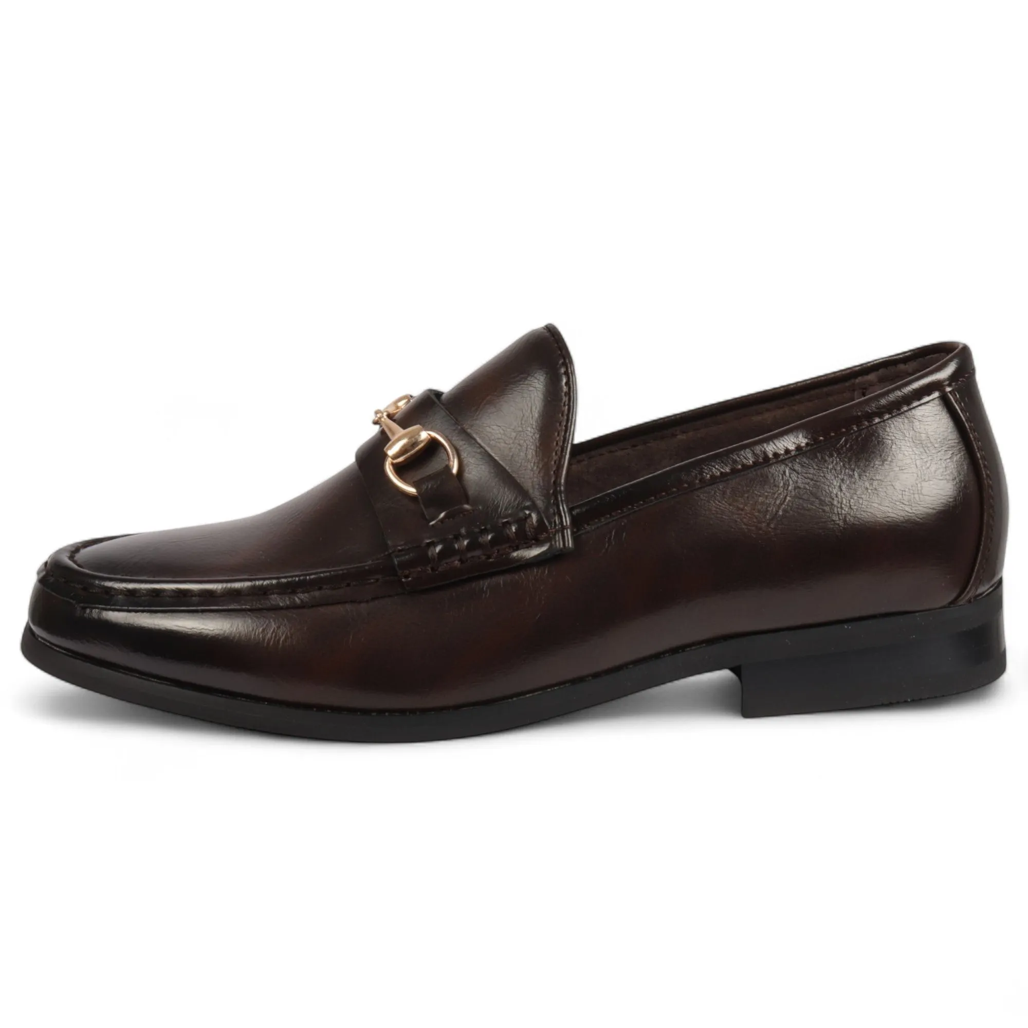 Men's Brown Loafers with Gold Buckle Smart Slip-On Shoes Padded collar
