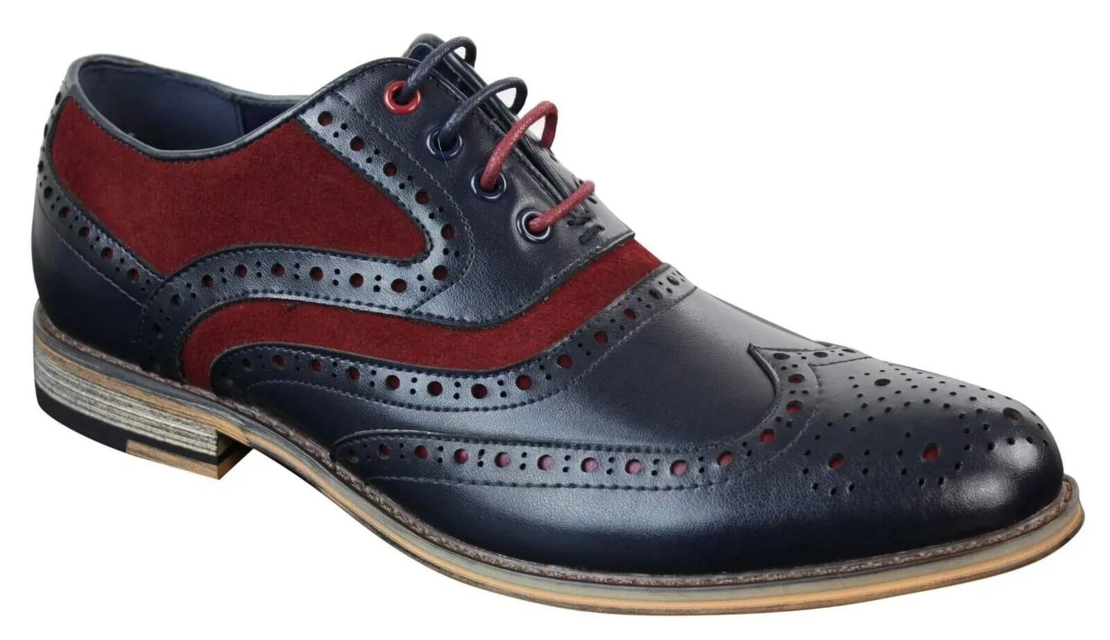 Refined Layer Flexible Design Mens Classic Burgundy Suede Oxford Brogue Shoes in Navy Leather